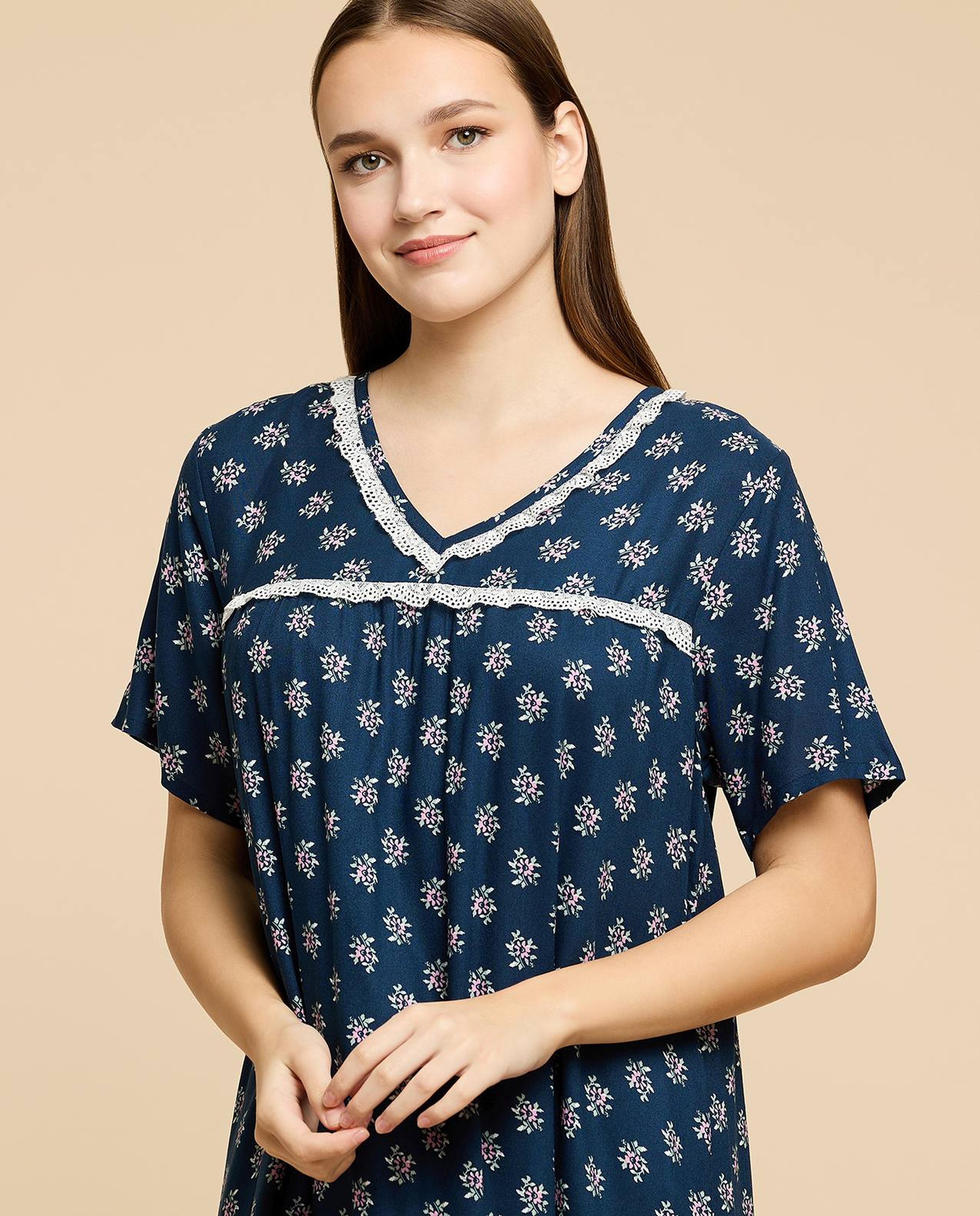 Printed Nightdress with V-Neck and Short Sleeves