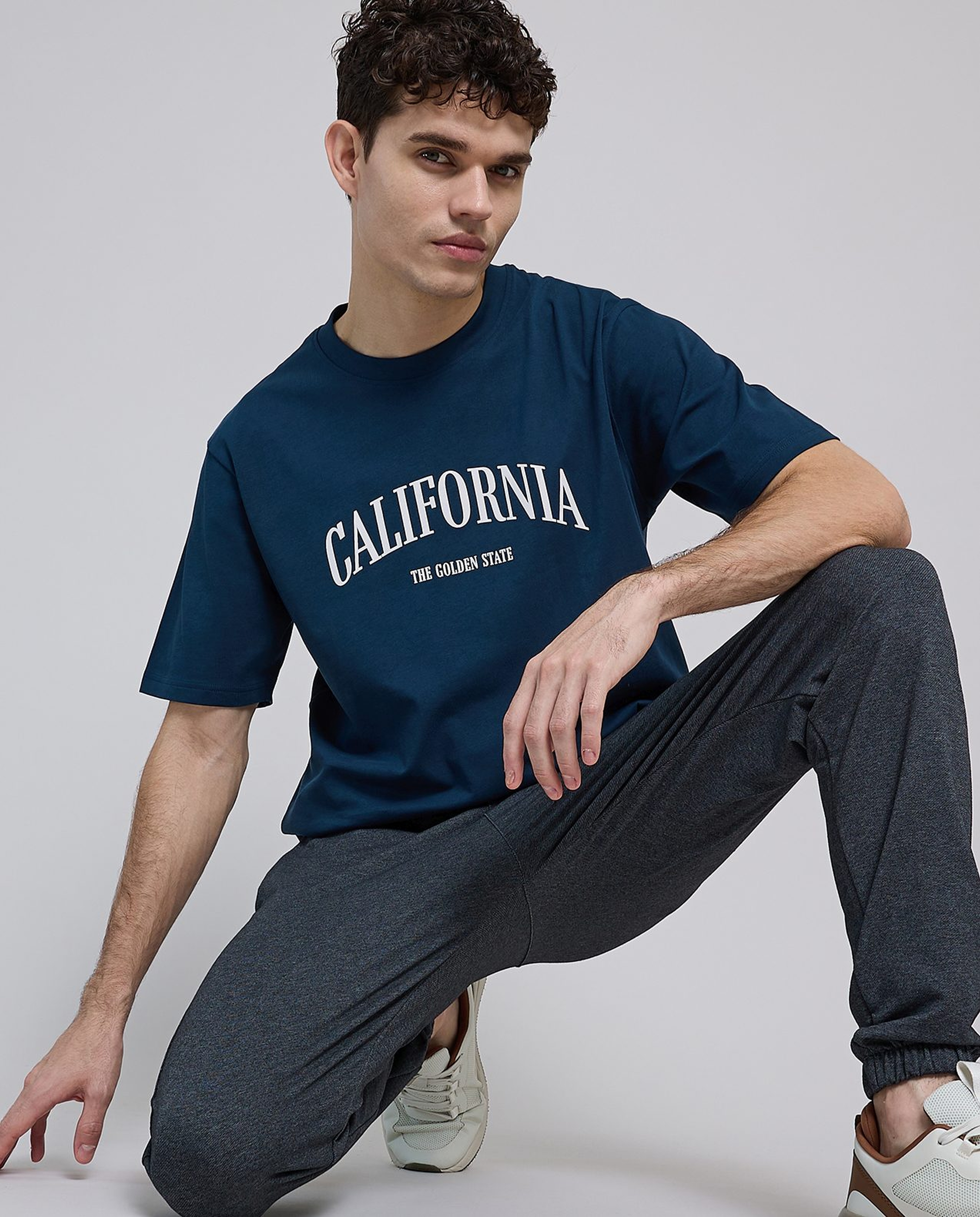 Typography Print T-Shirt with Crew Neck and Short Sleeves