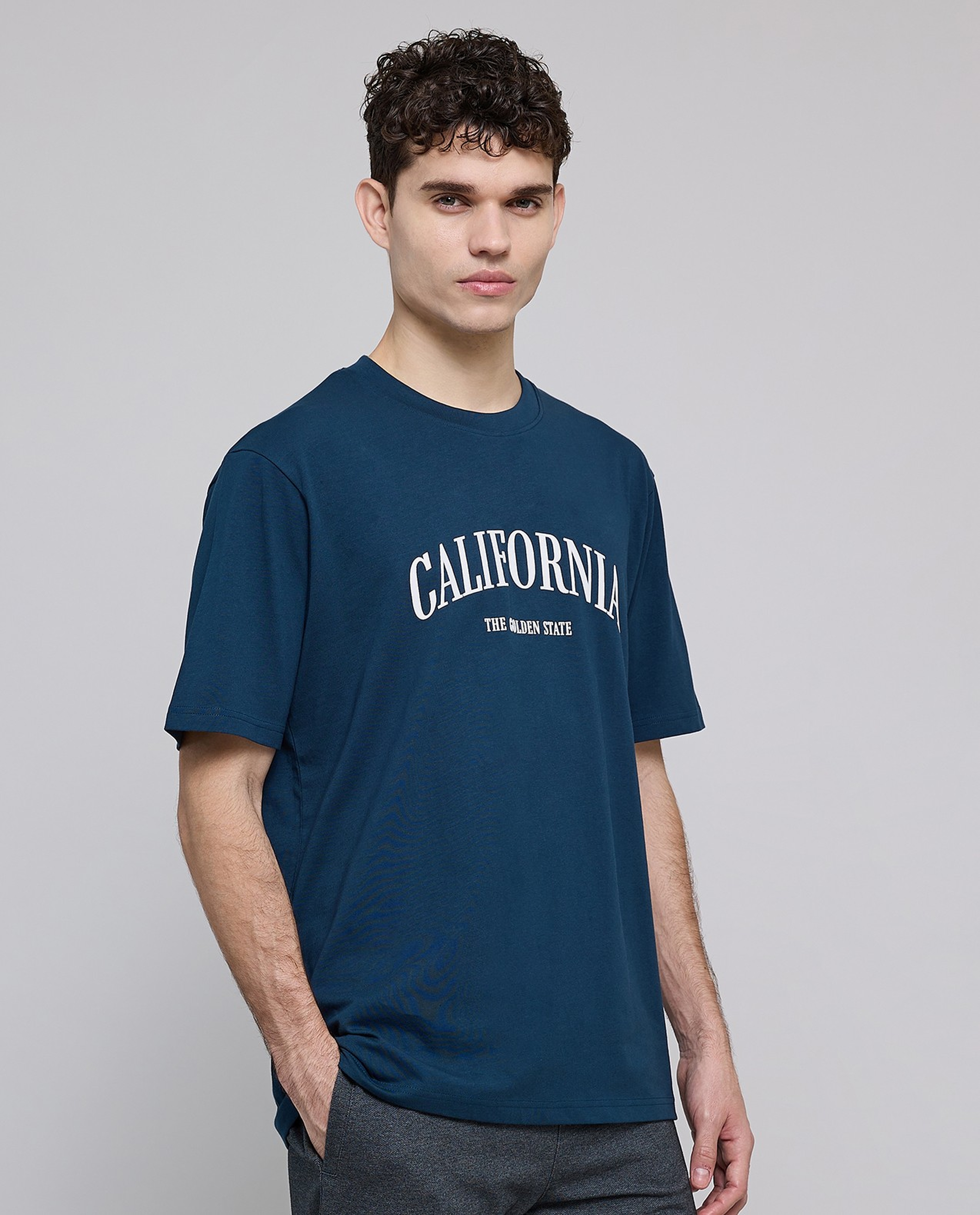 Typography Print T-Shirt with Crew Neck and Short Sleeves