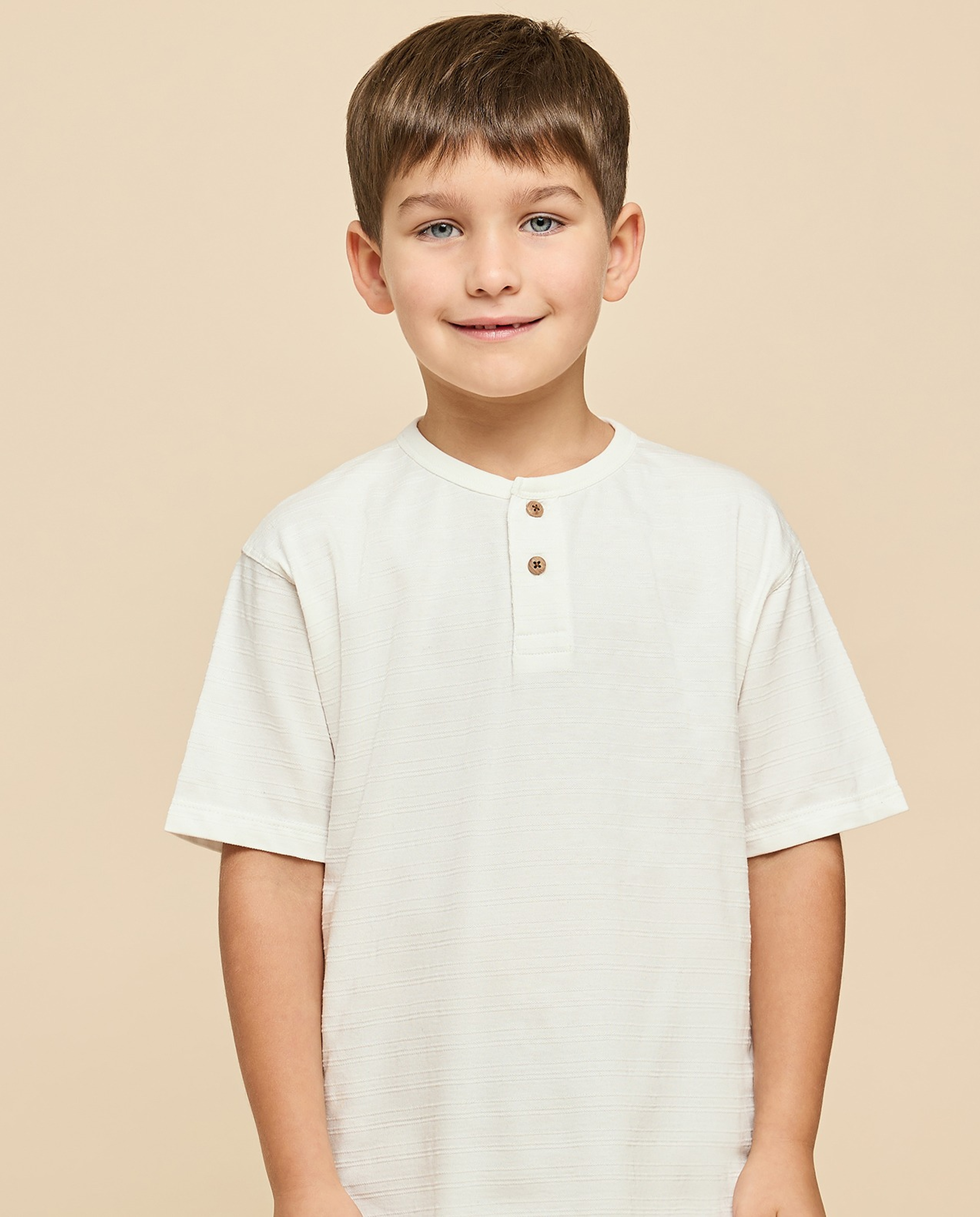 Textured T-Shirt with Henley Neck and Short Sleeves