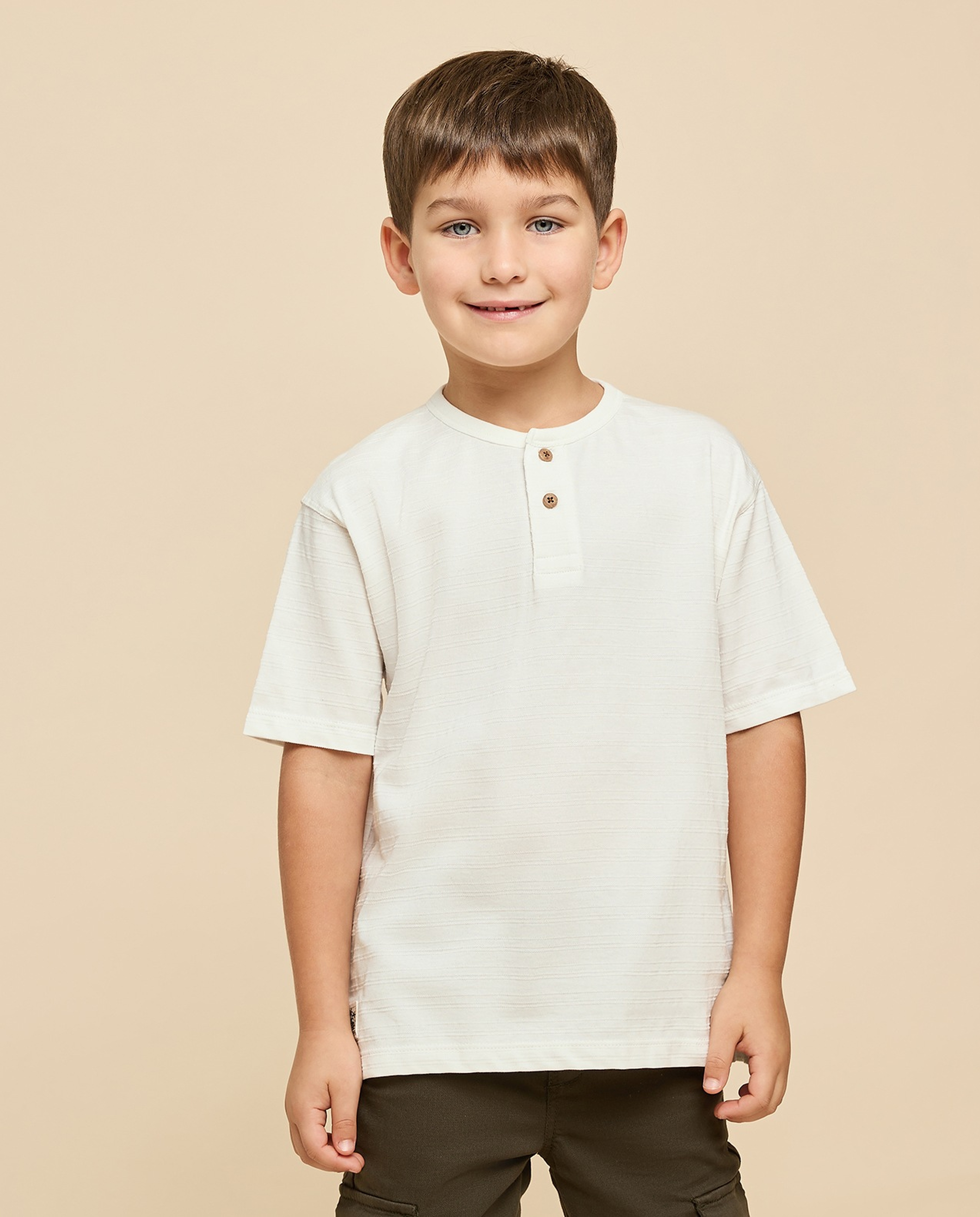 Textured T-Shirt with Henley Neck and Short Sleeves