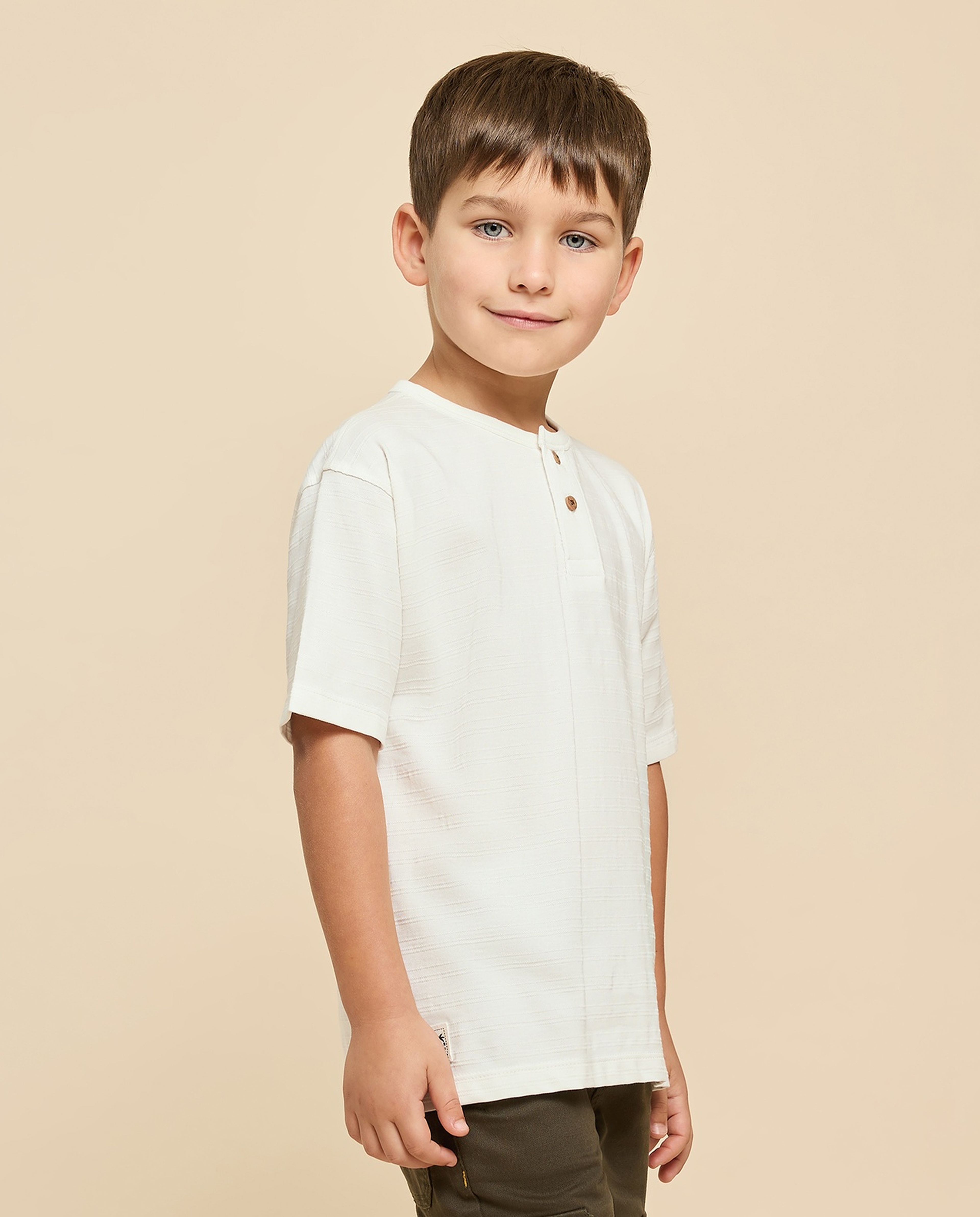 Textured T-Shirt with Henley Neck and Short Sleeves