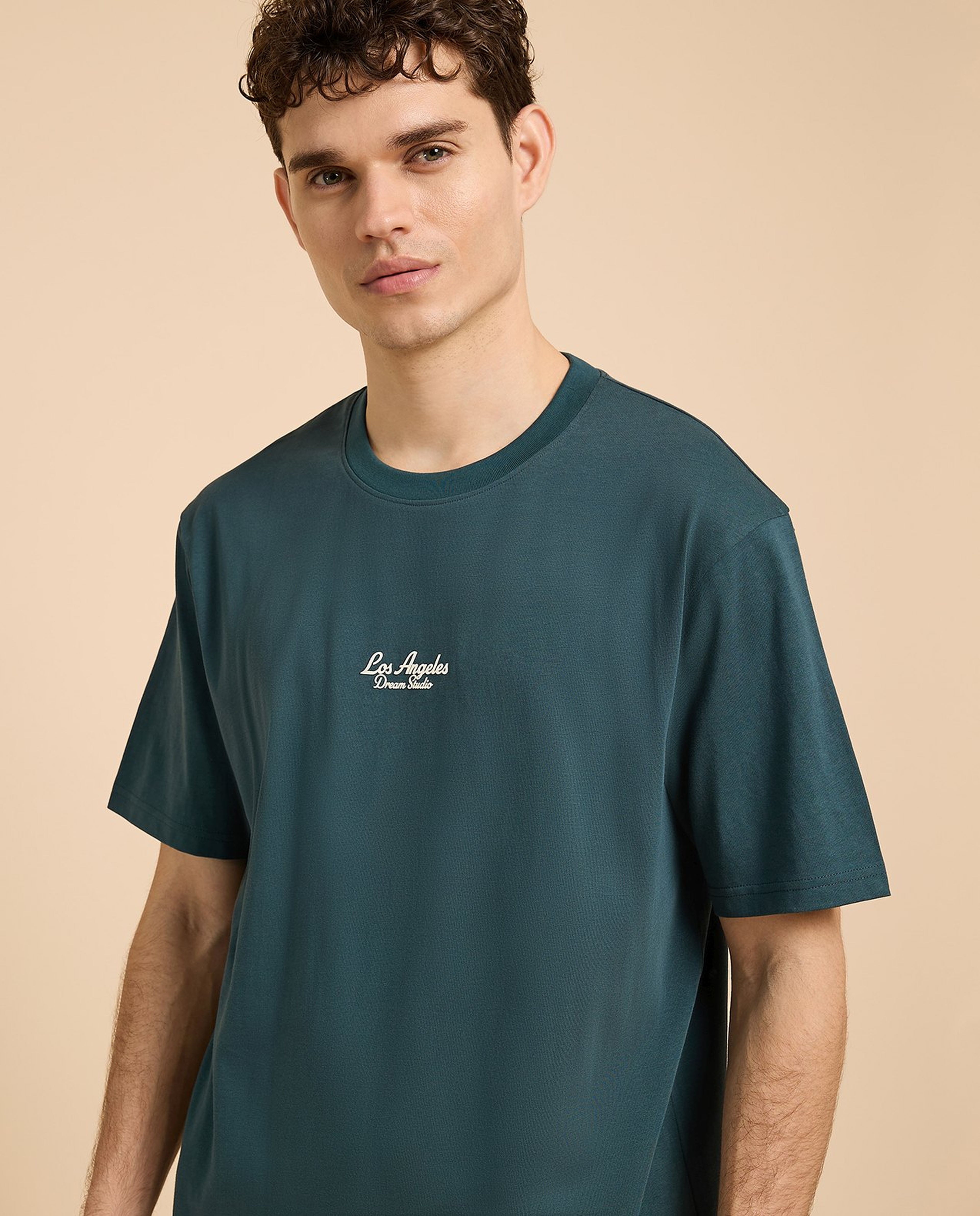 Typography Print T-Shirt with Crew Neck and Short Sleeves