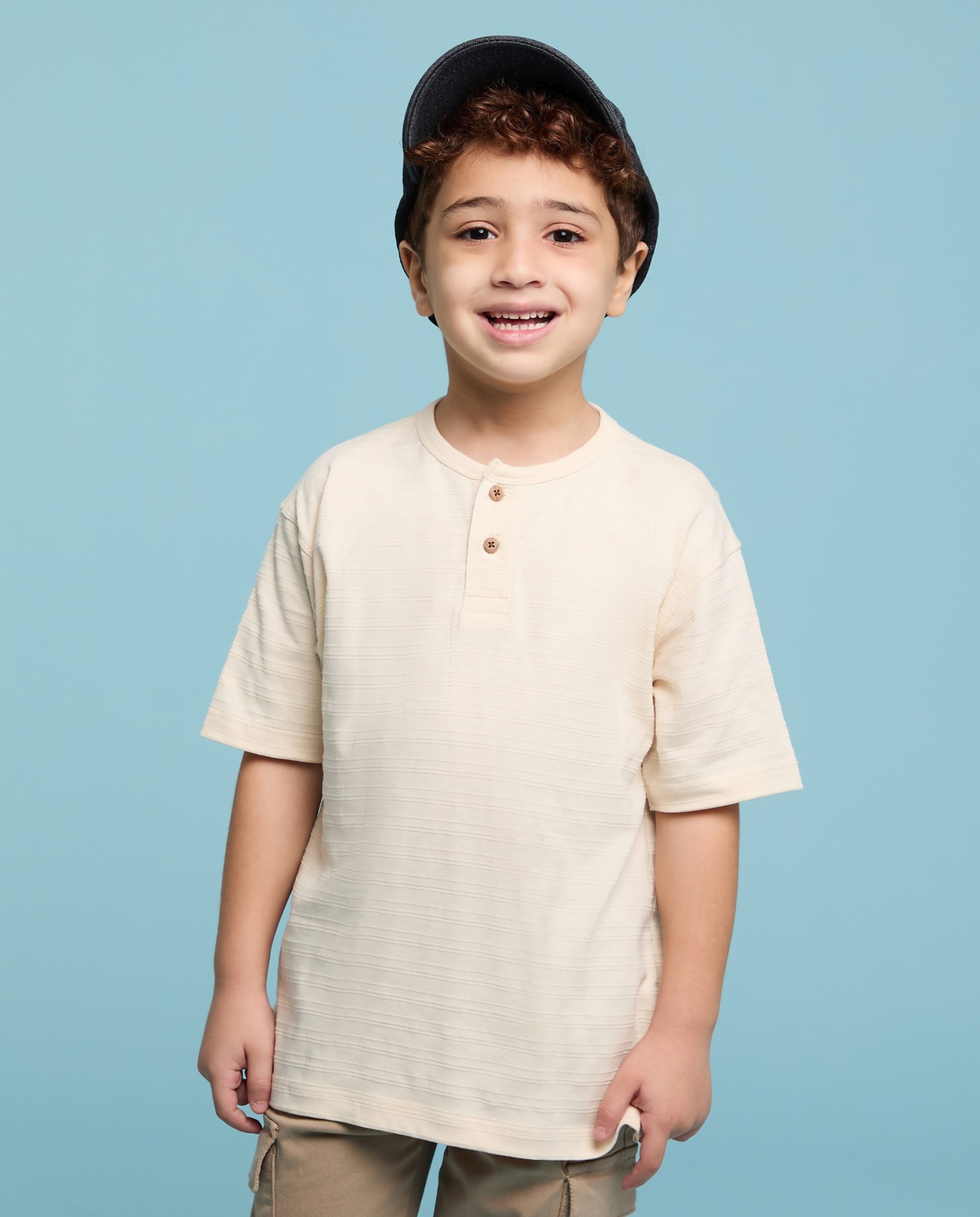 Textured T-Shirt with Henley Neck and Short Sleeves