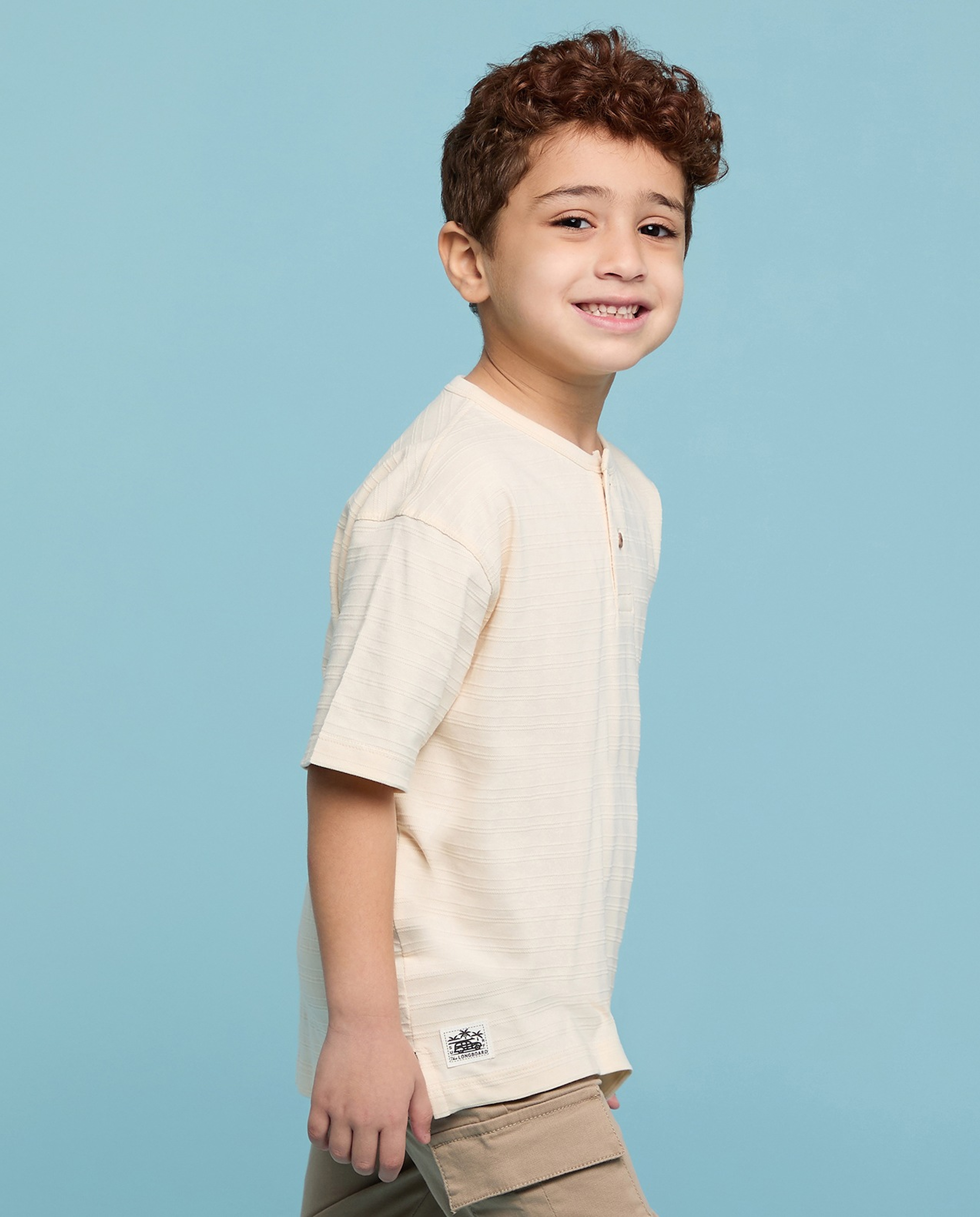 Textured T-Shirt with Henley Neck and Short Sleeves