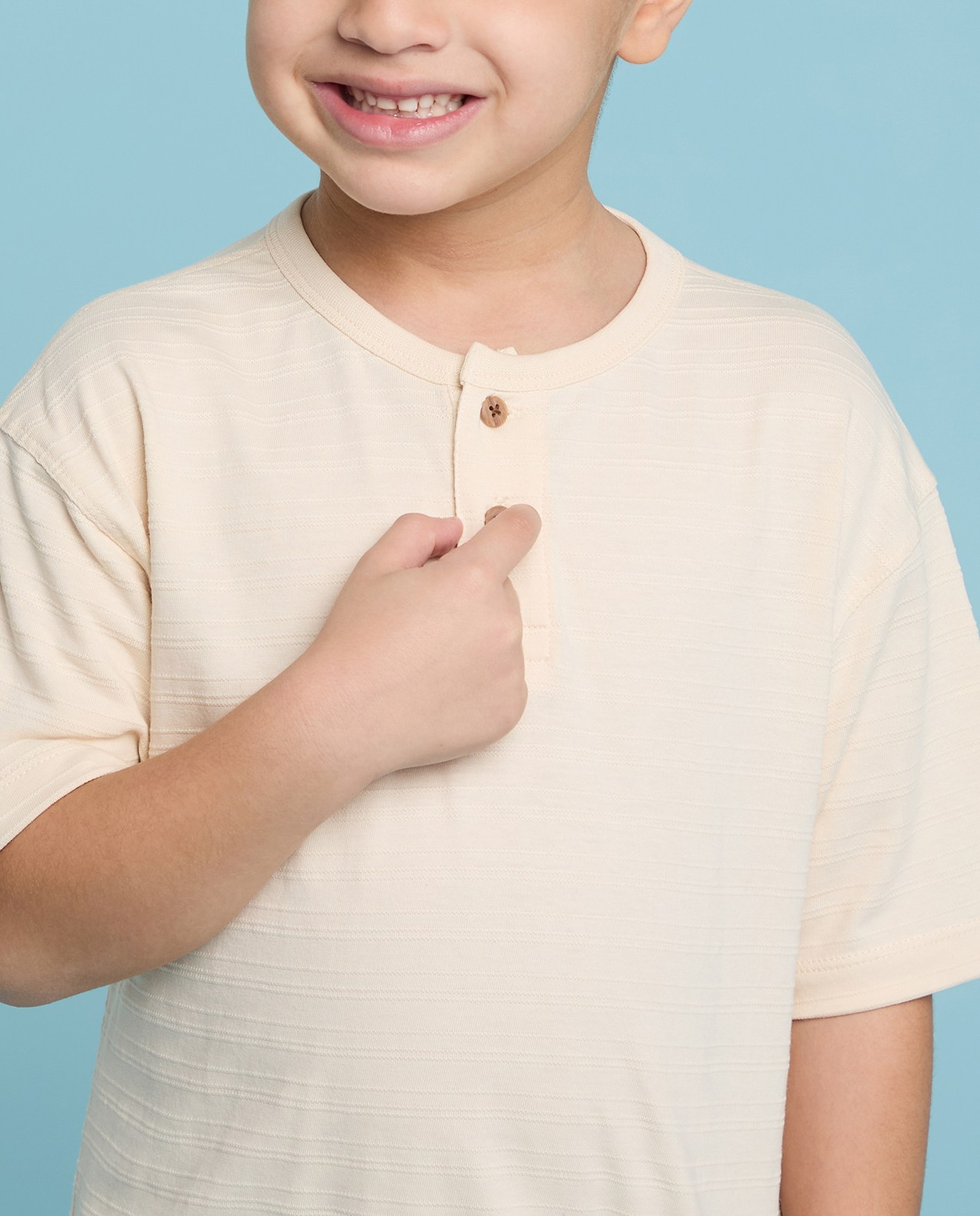 Textured T-Shirt with Henley Neck and Short Sleeves