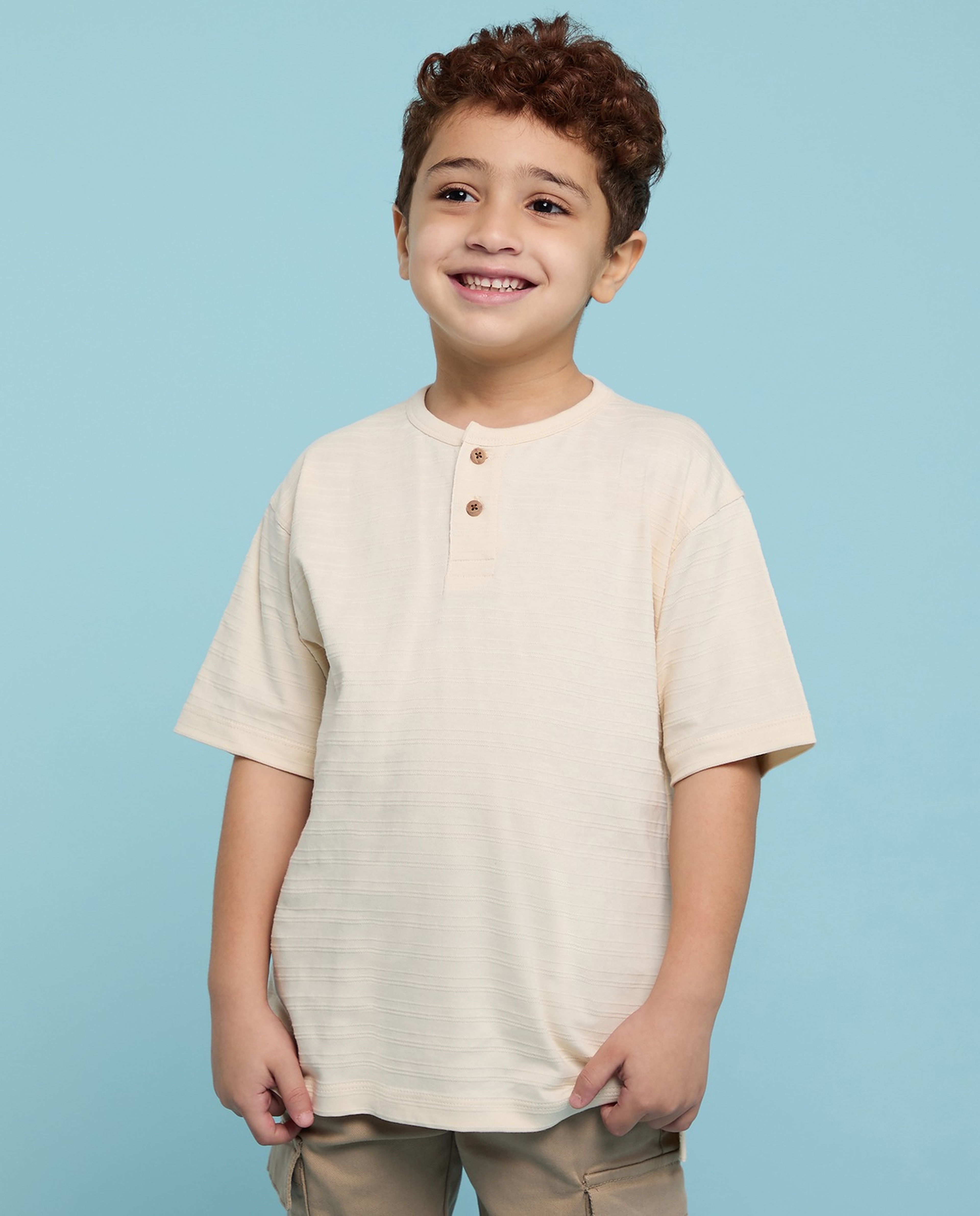 Textured T-Shirt with Henley Neck and Short Sleeves