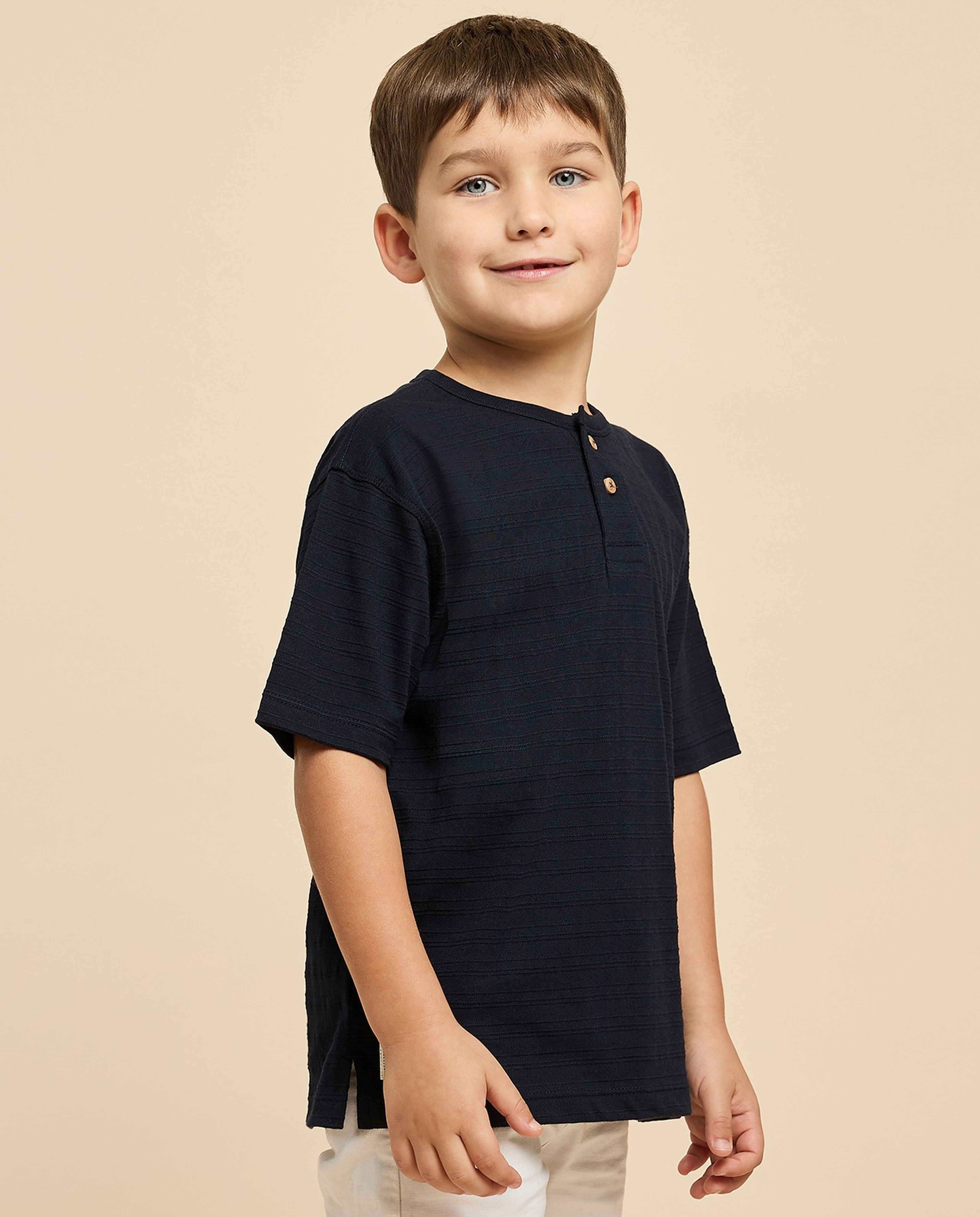 Textured T-Shirt with Henley Neck and Short Sleeves