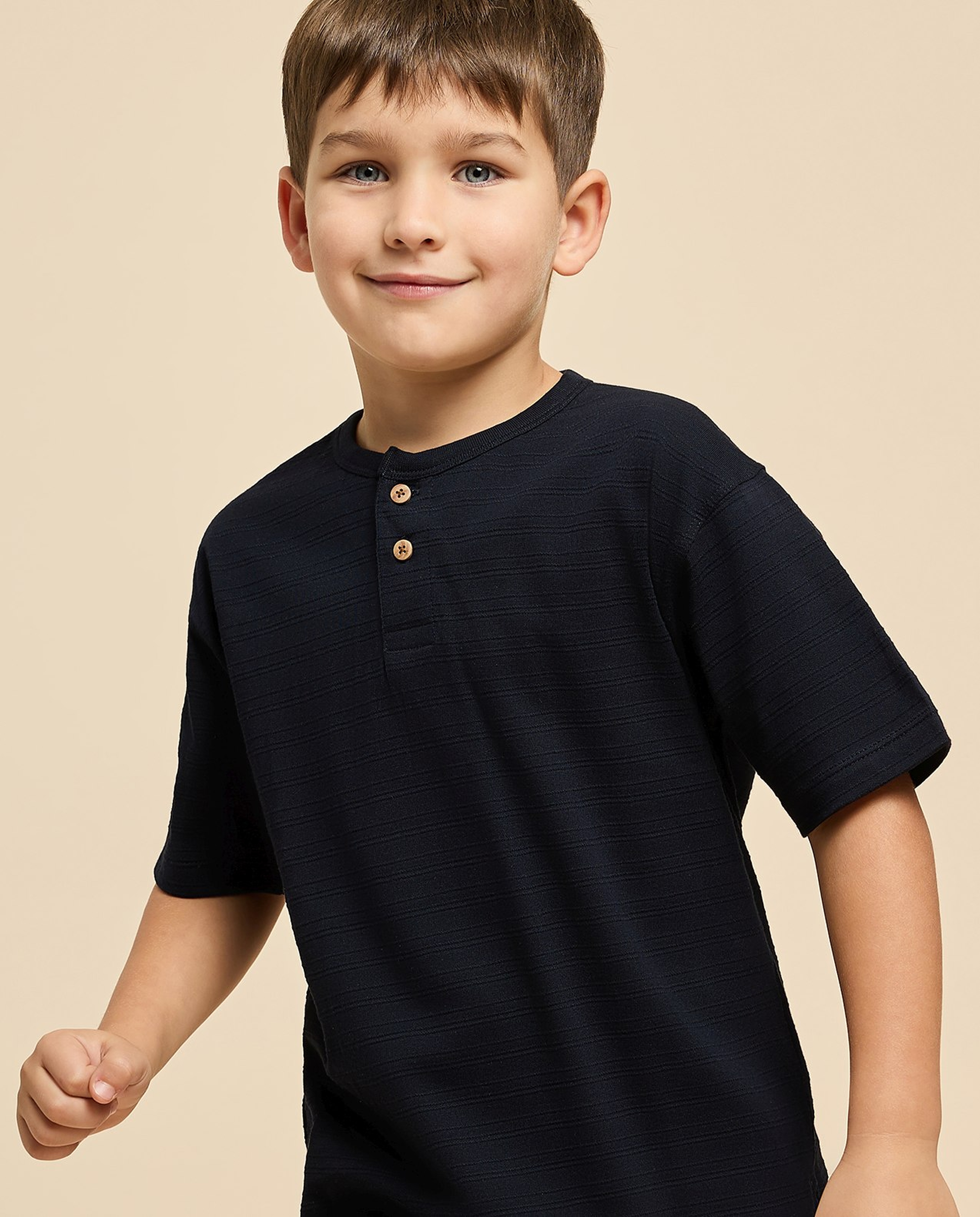 Textured T-Shirt with Henley Neck and Short Sleeves