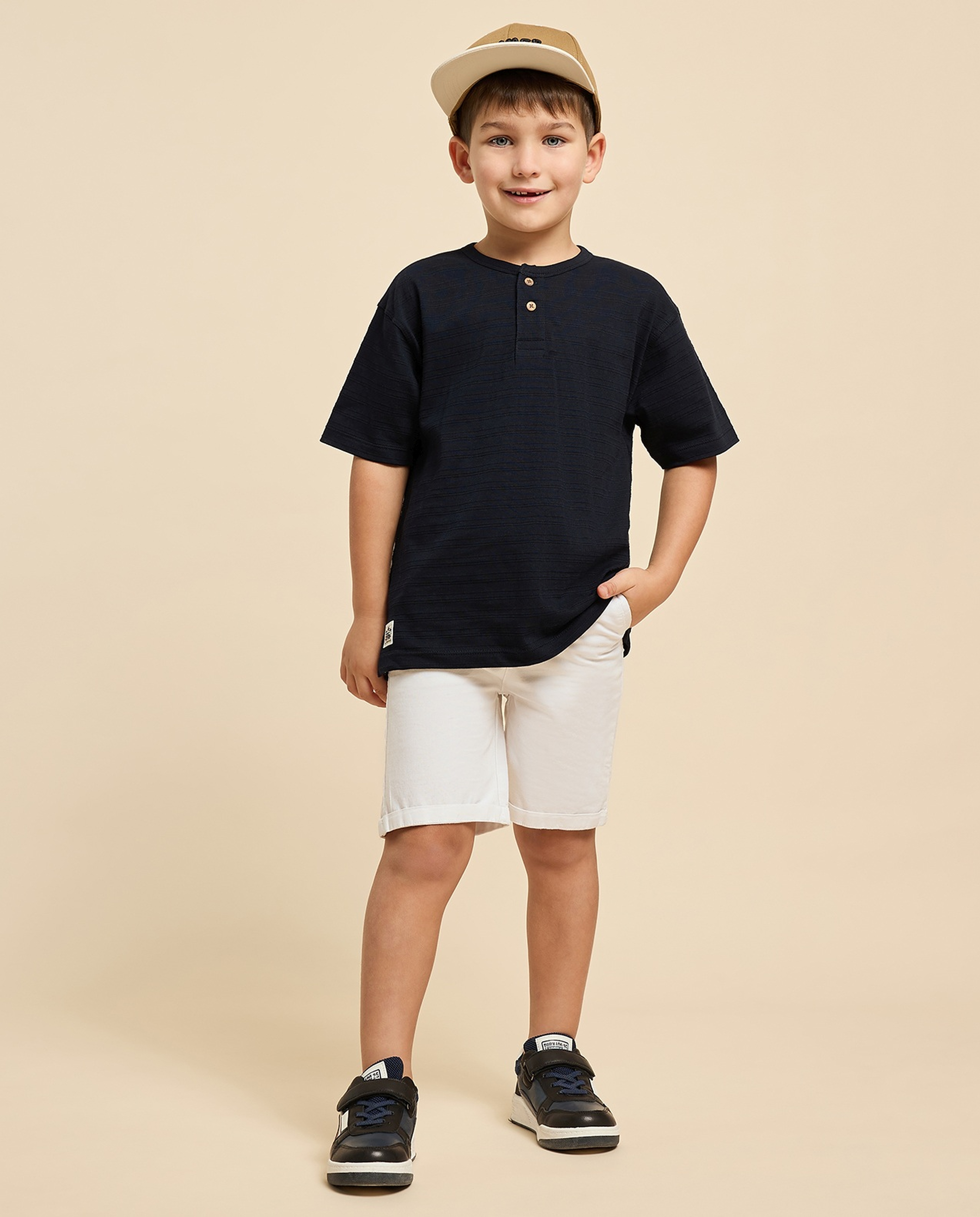 Textured T-Shirt with Henley Neck and Short Sleeves