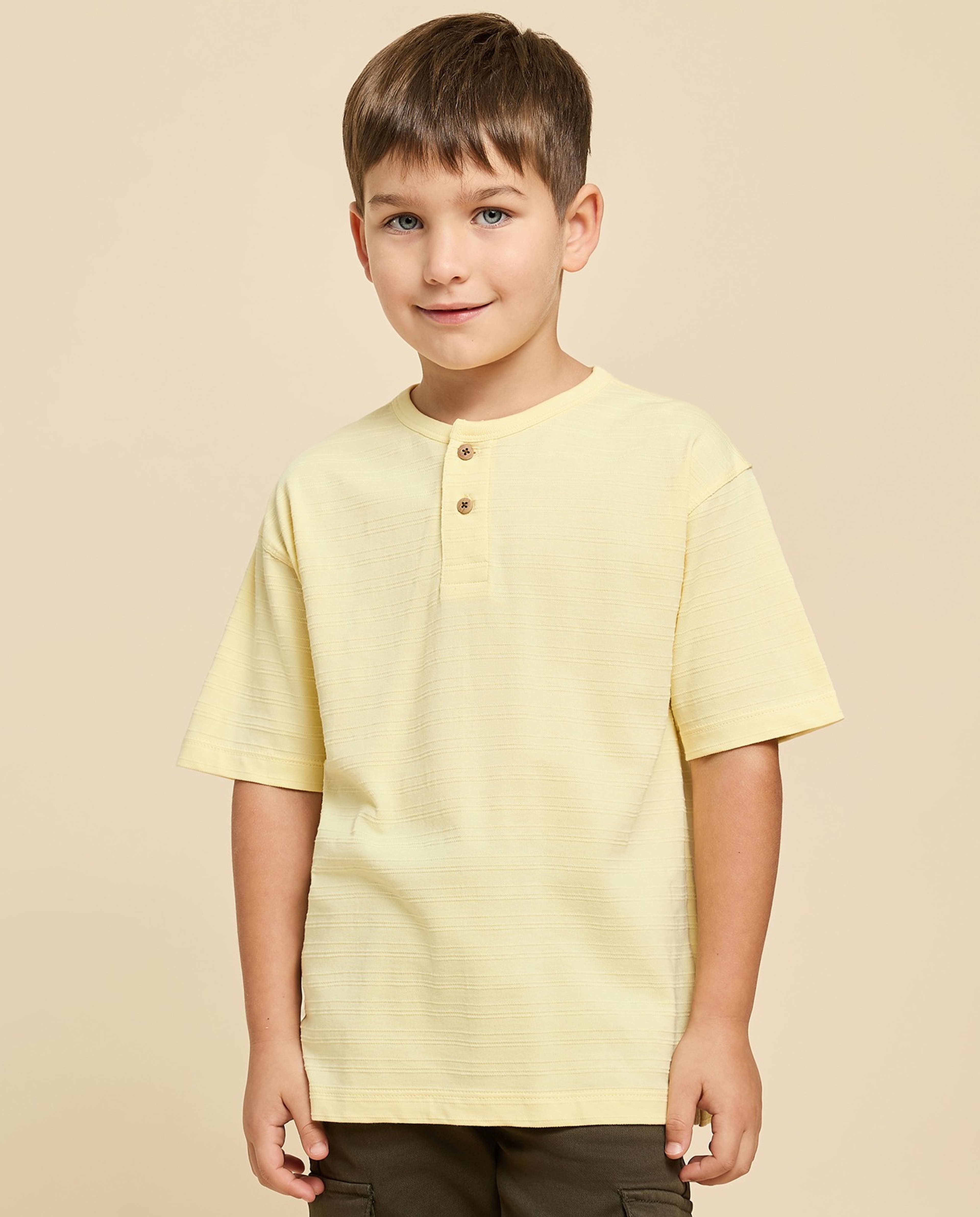 Textured T-Shirt with Henley Neck and Short Sleeves