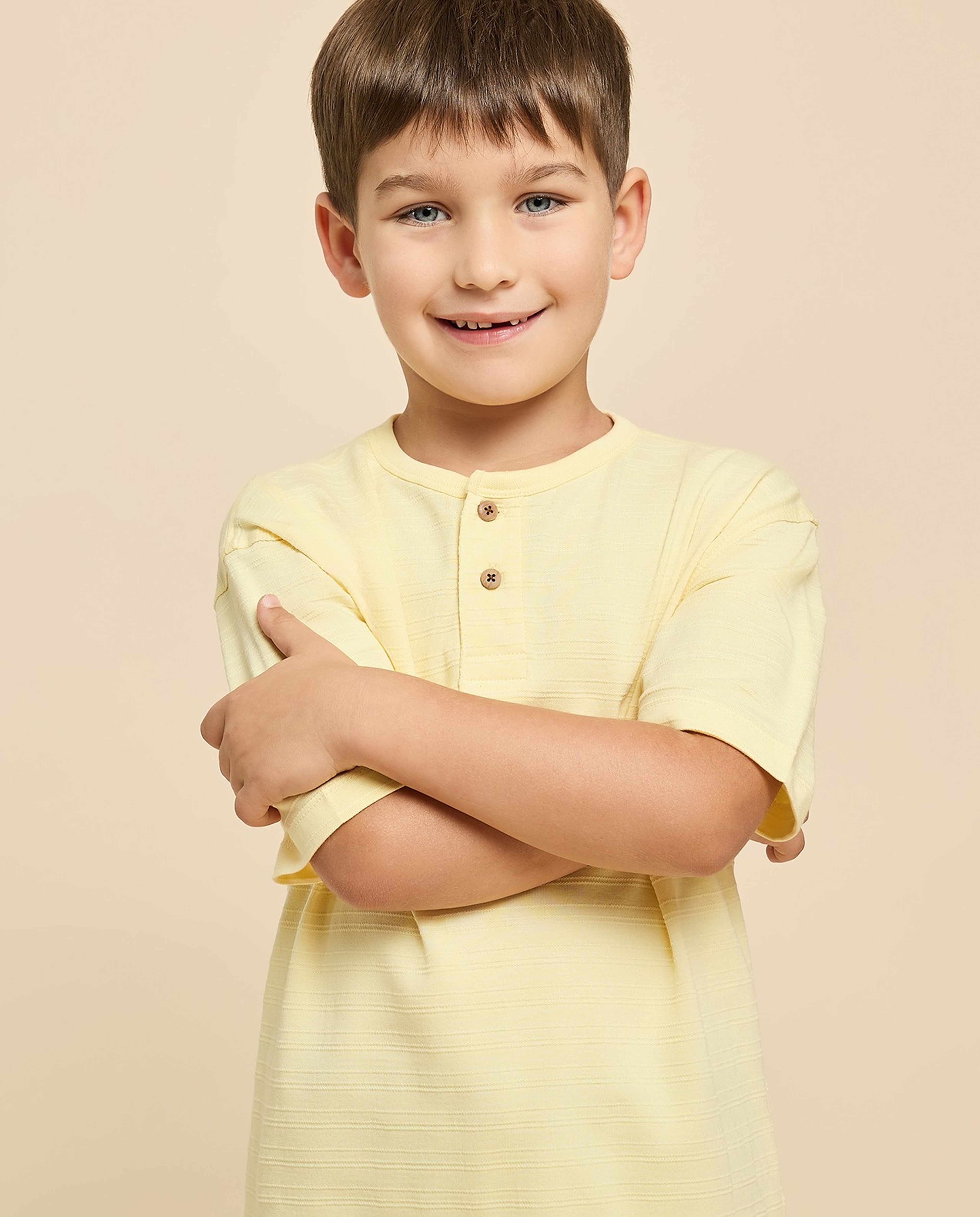 Textured T-Shirt with Henley Neck and Short Sleeves