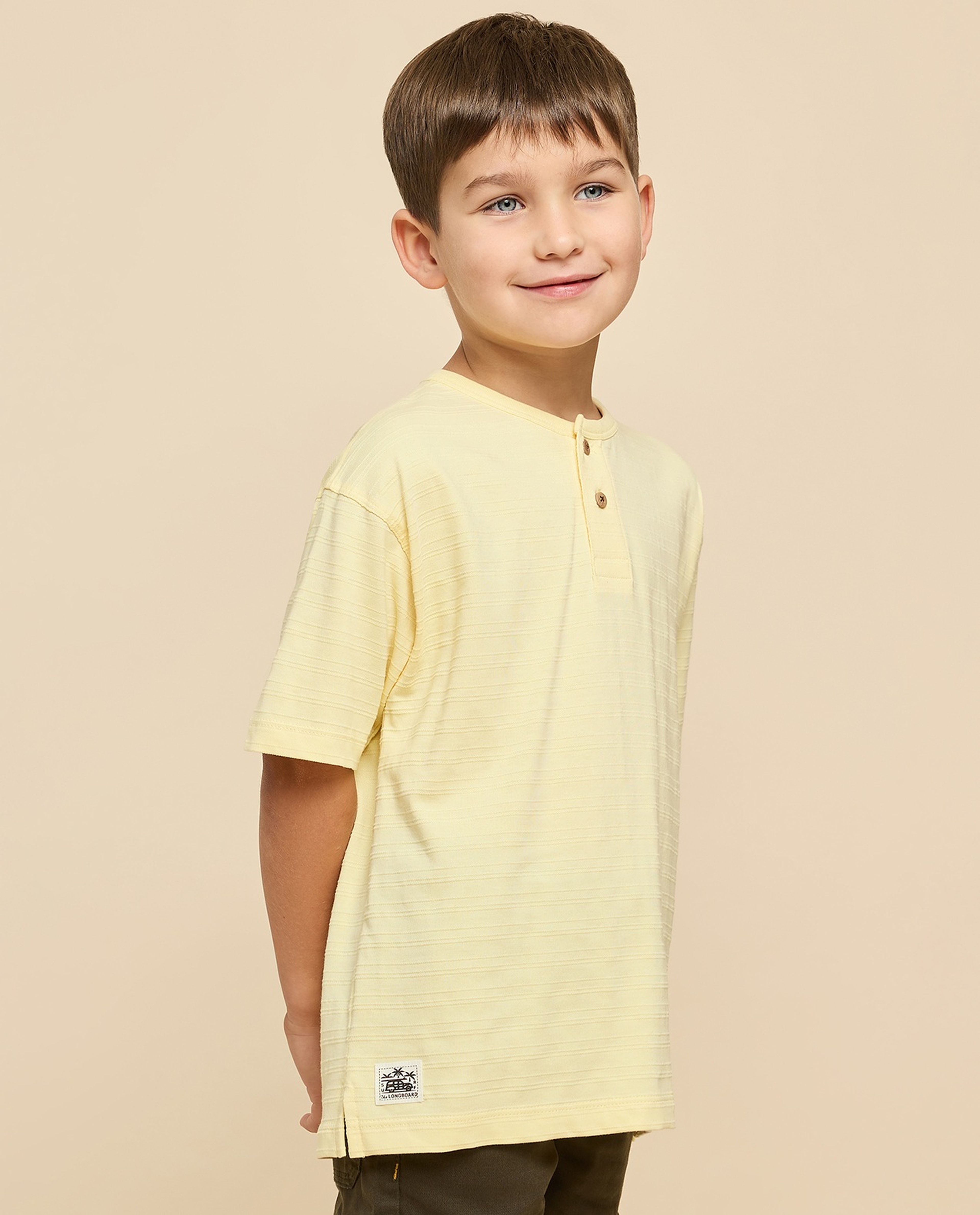 Textured T-Shirt with Henley Neck and Short Sleeves