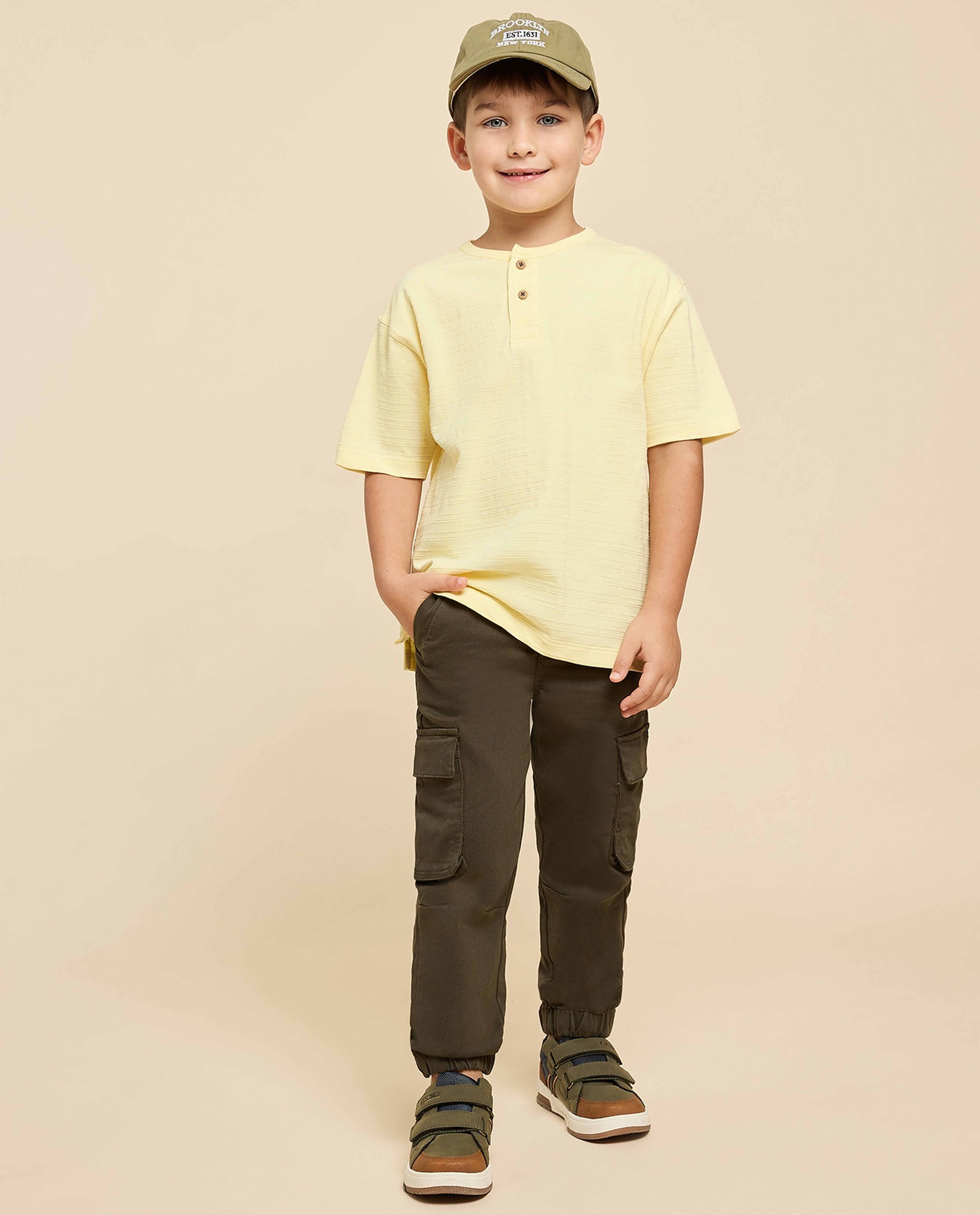 Textured T-Shirt with Henley Neck and Short Sleeves