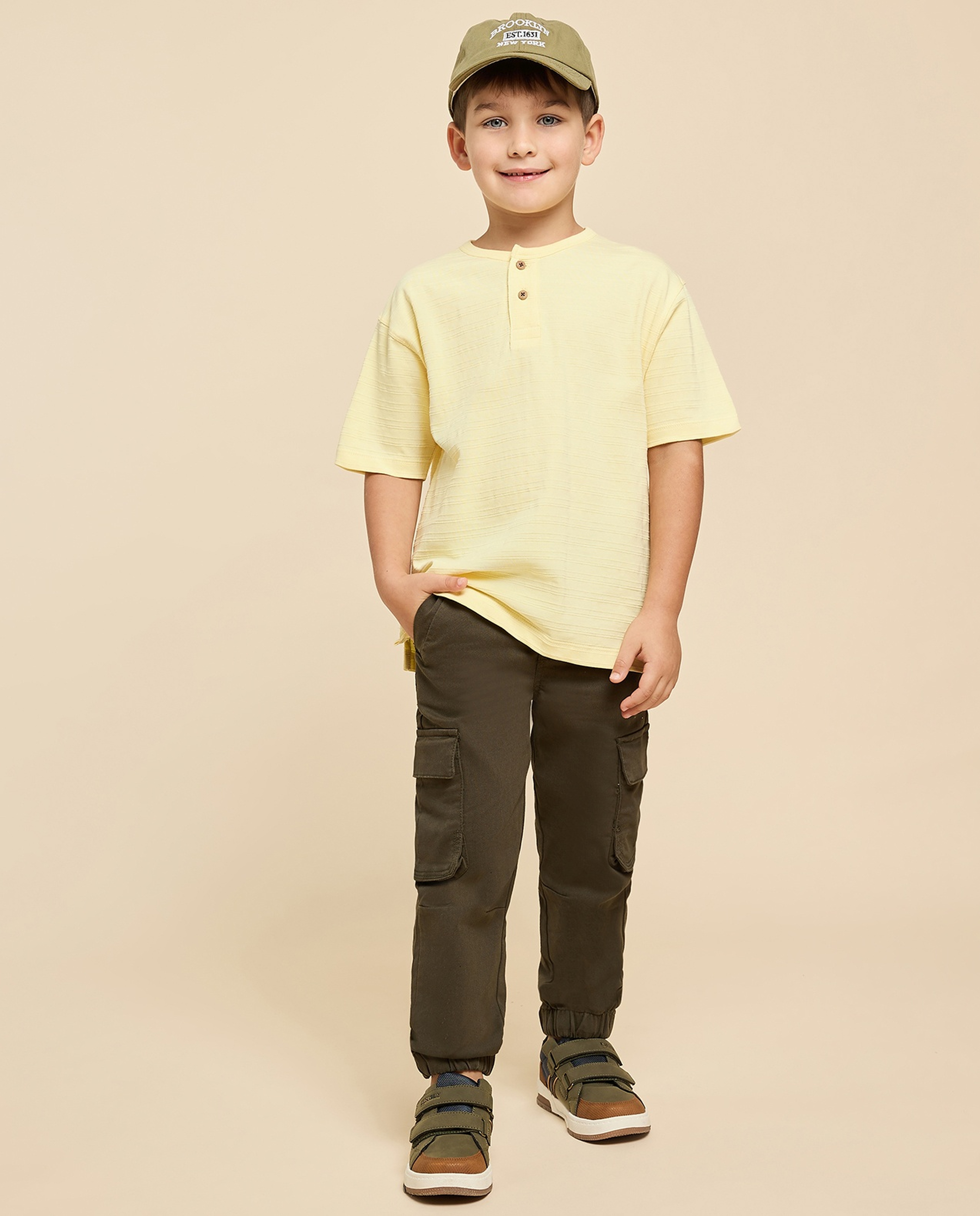 Textured T-Shirt with Henley Neck and Short Sleeves