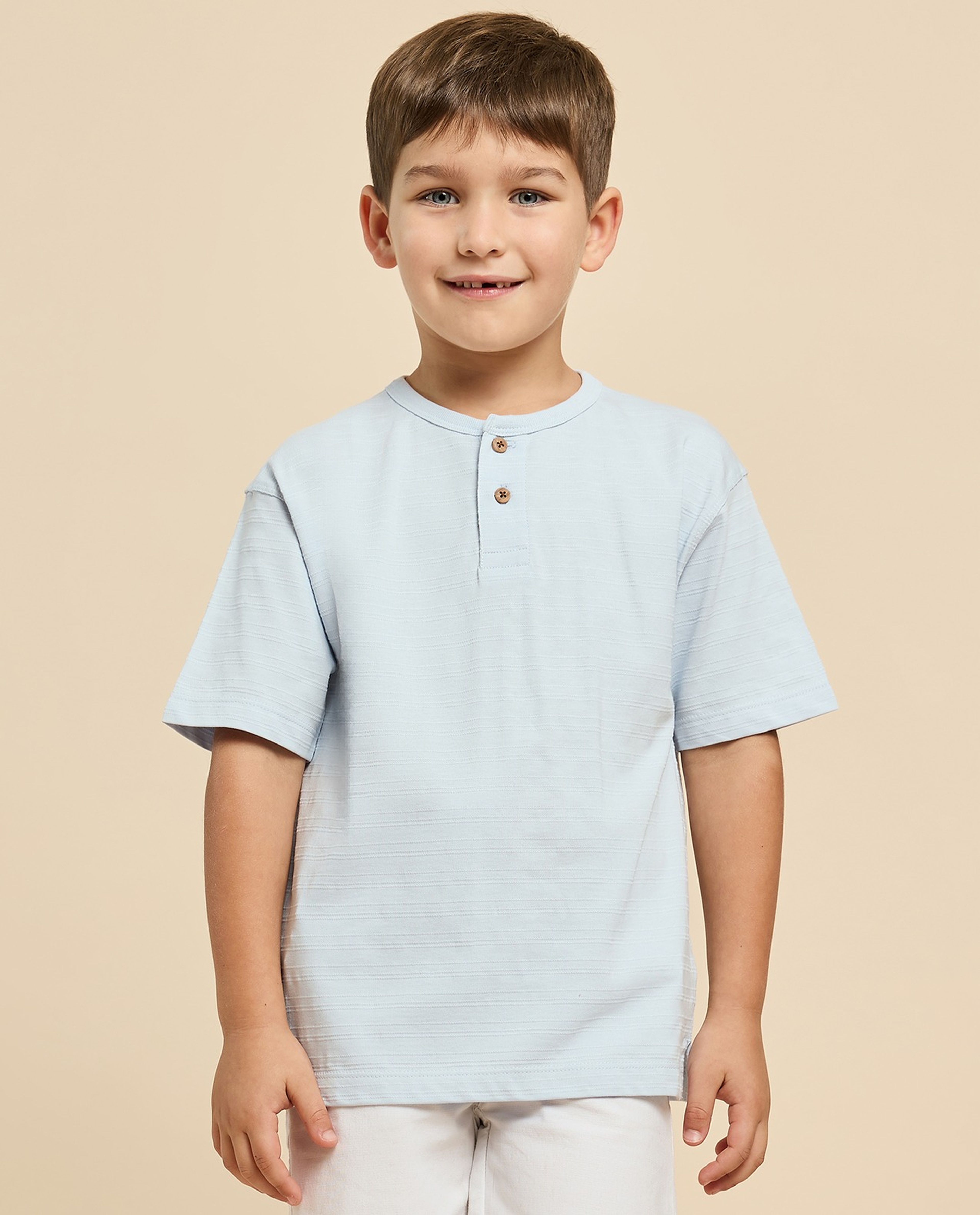 Textured T-Shirt with Henley Neck and Short Sleeves