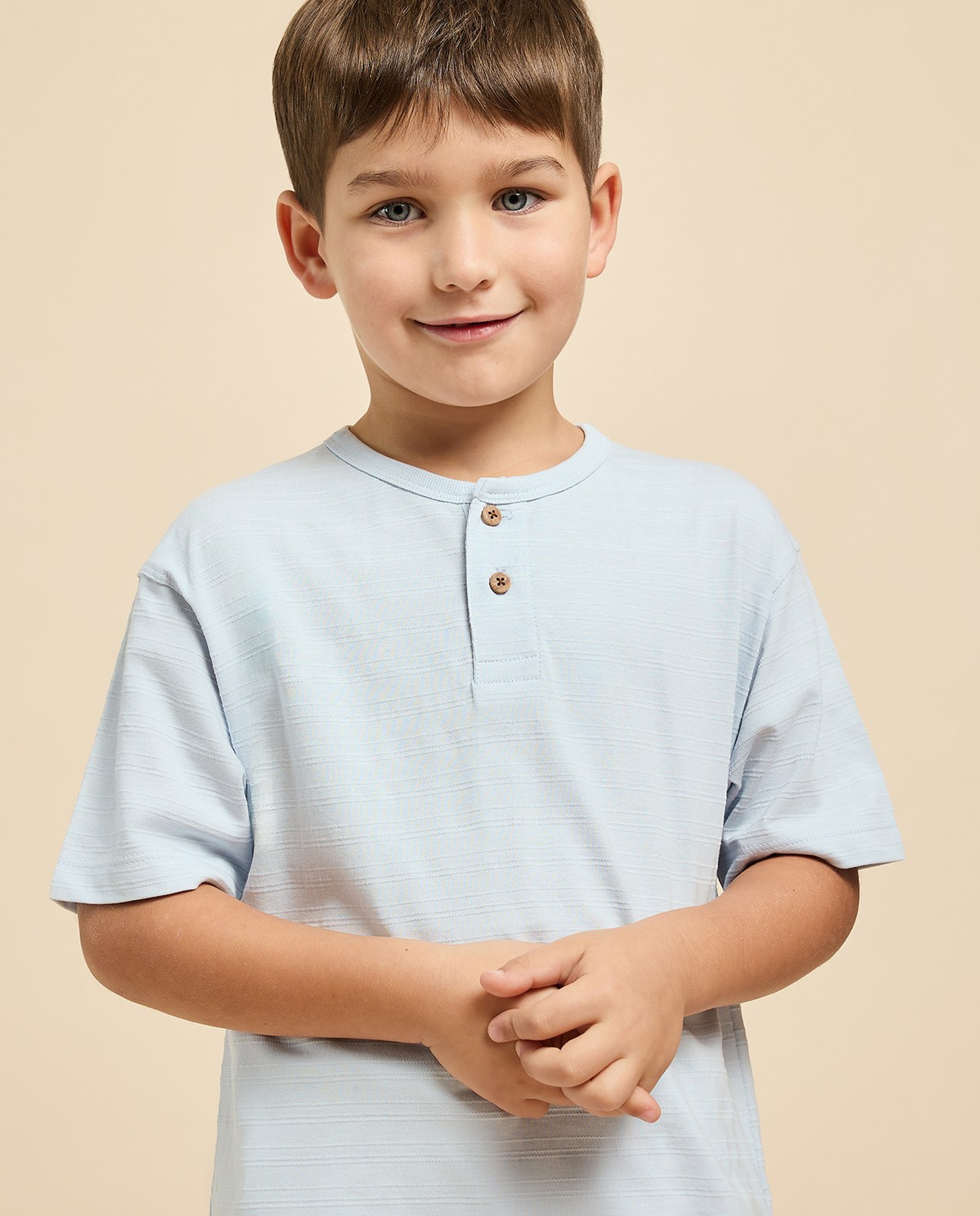 Textured T-Shirt with Henley Neck and Short Sleeves