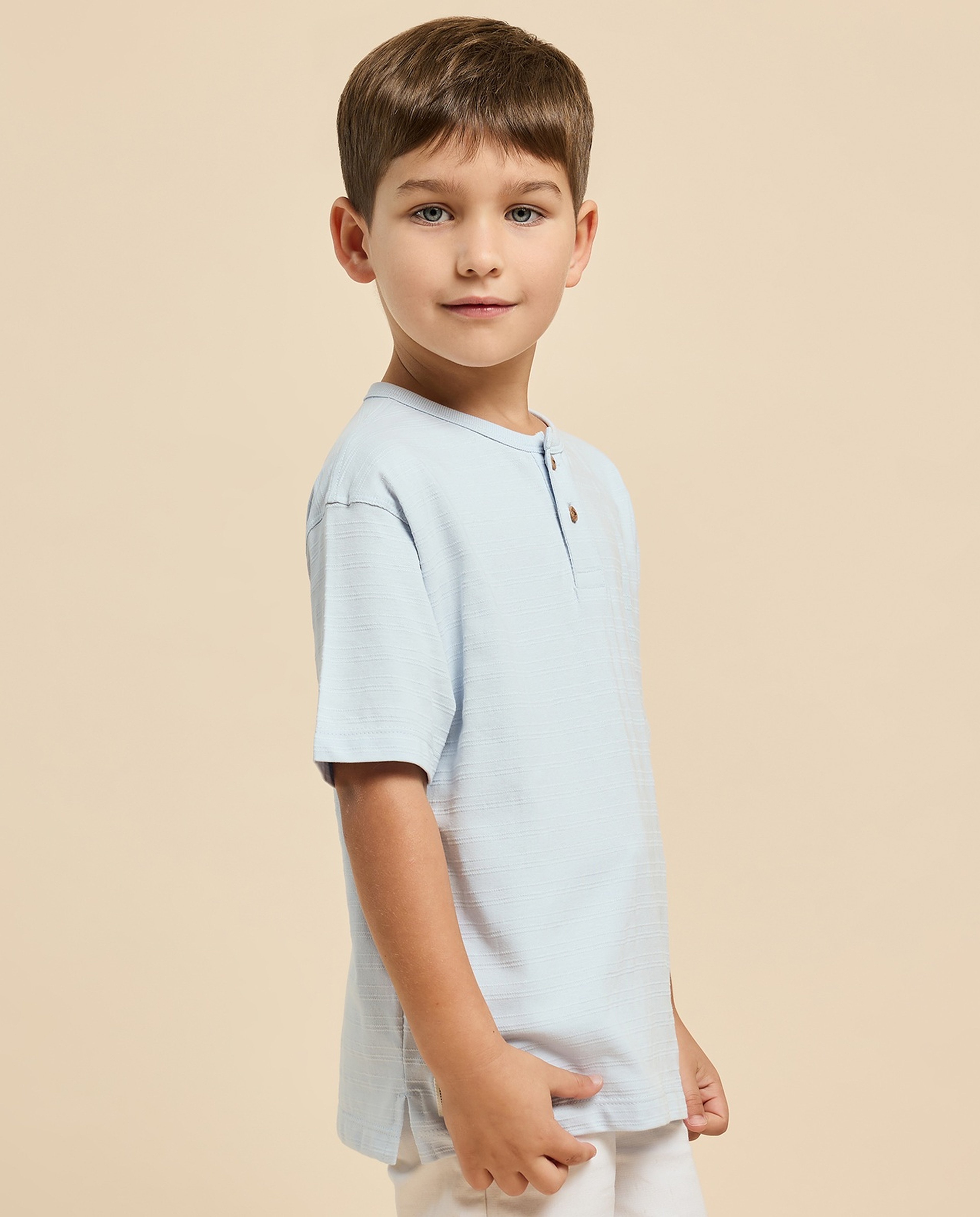 Textured T-Shirt with Henley Neck and Short Sleeves