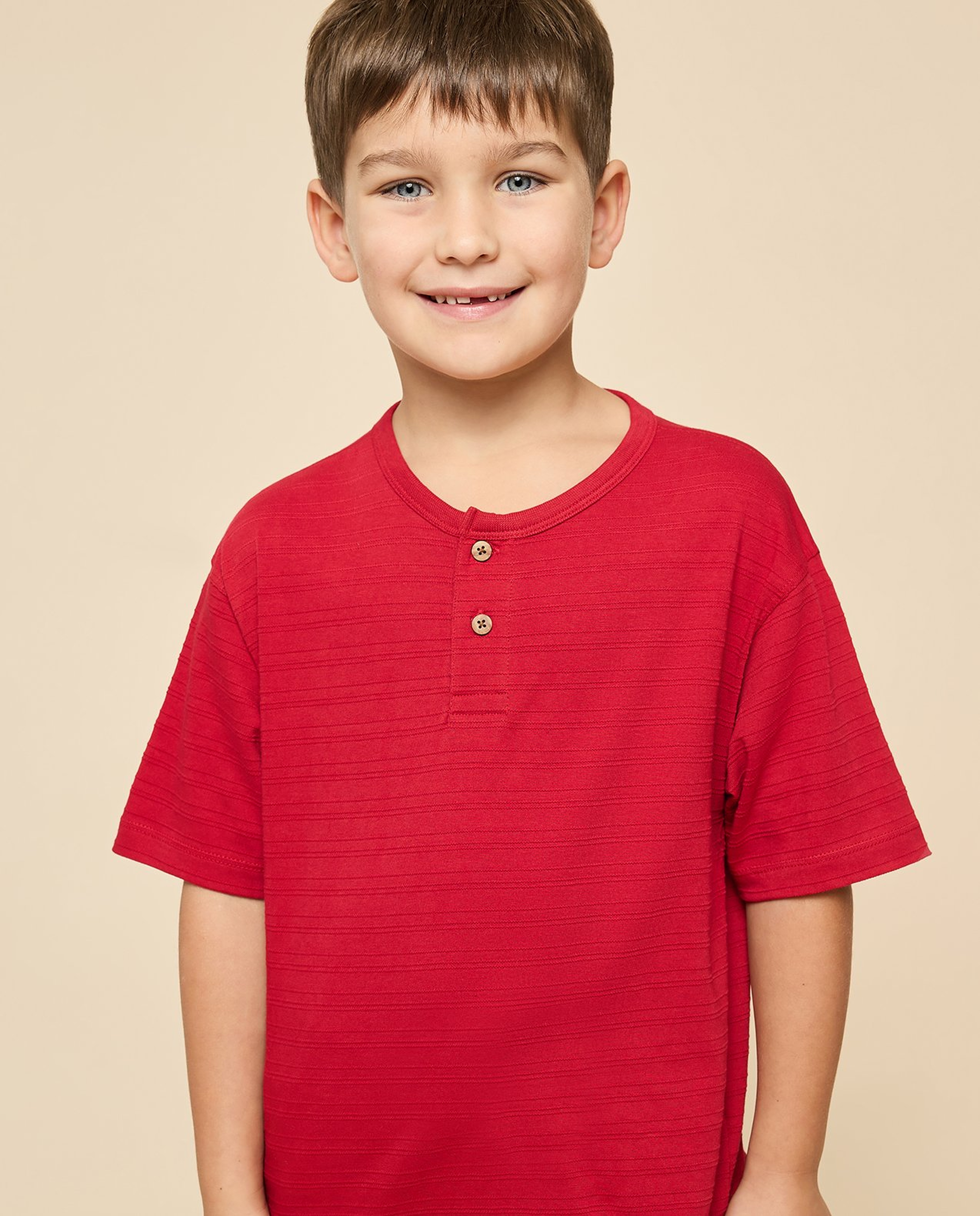 Textured T-Shirt with Henley Neck and Short Sleeves