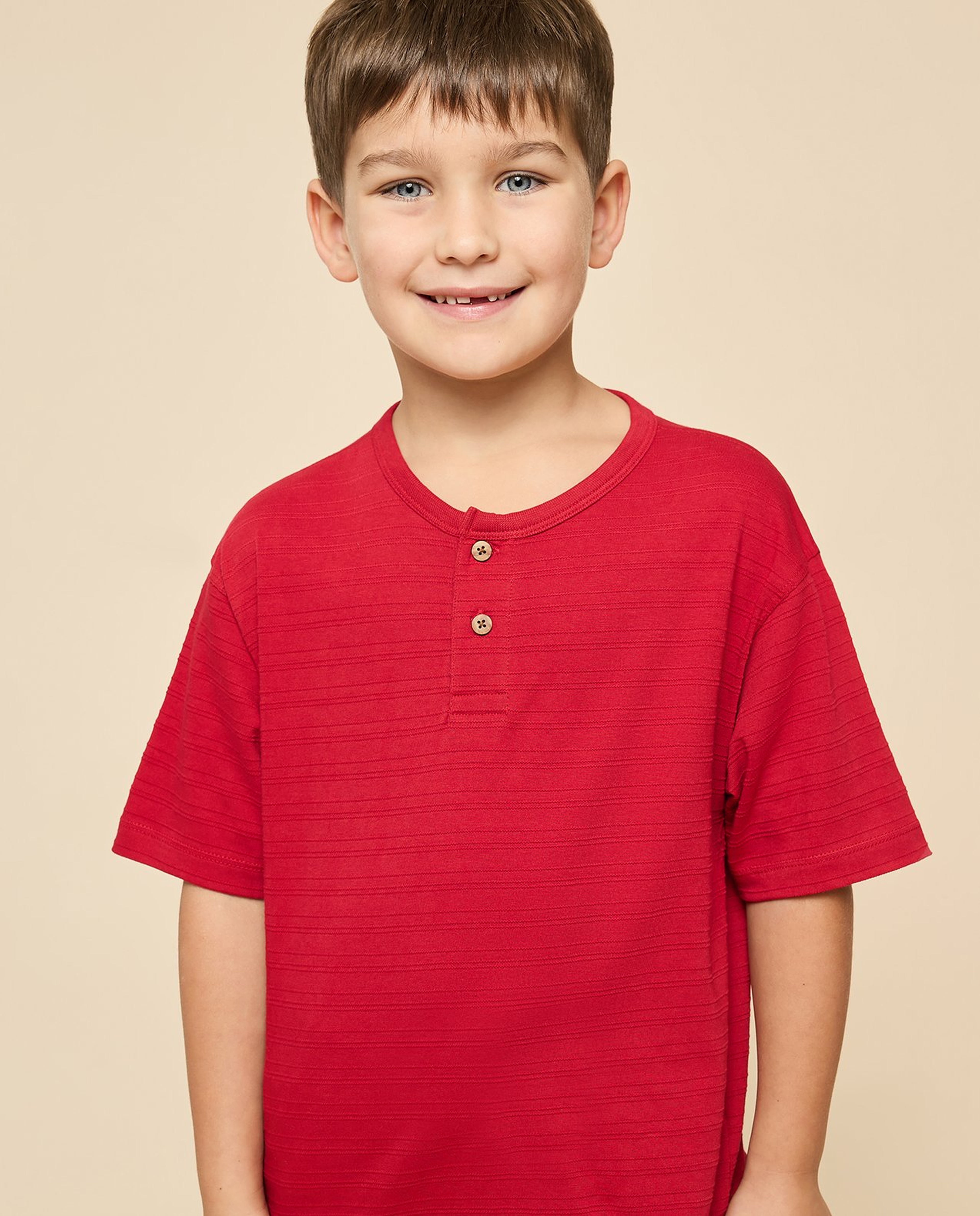 Textured T-Shirt with Henley Neck and Short Sleeves