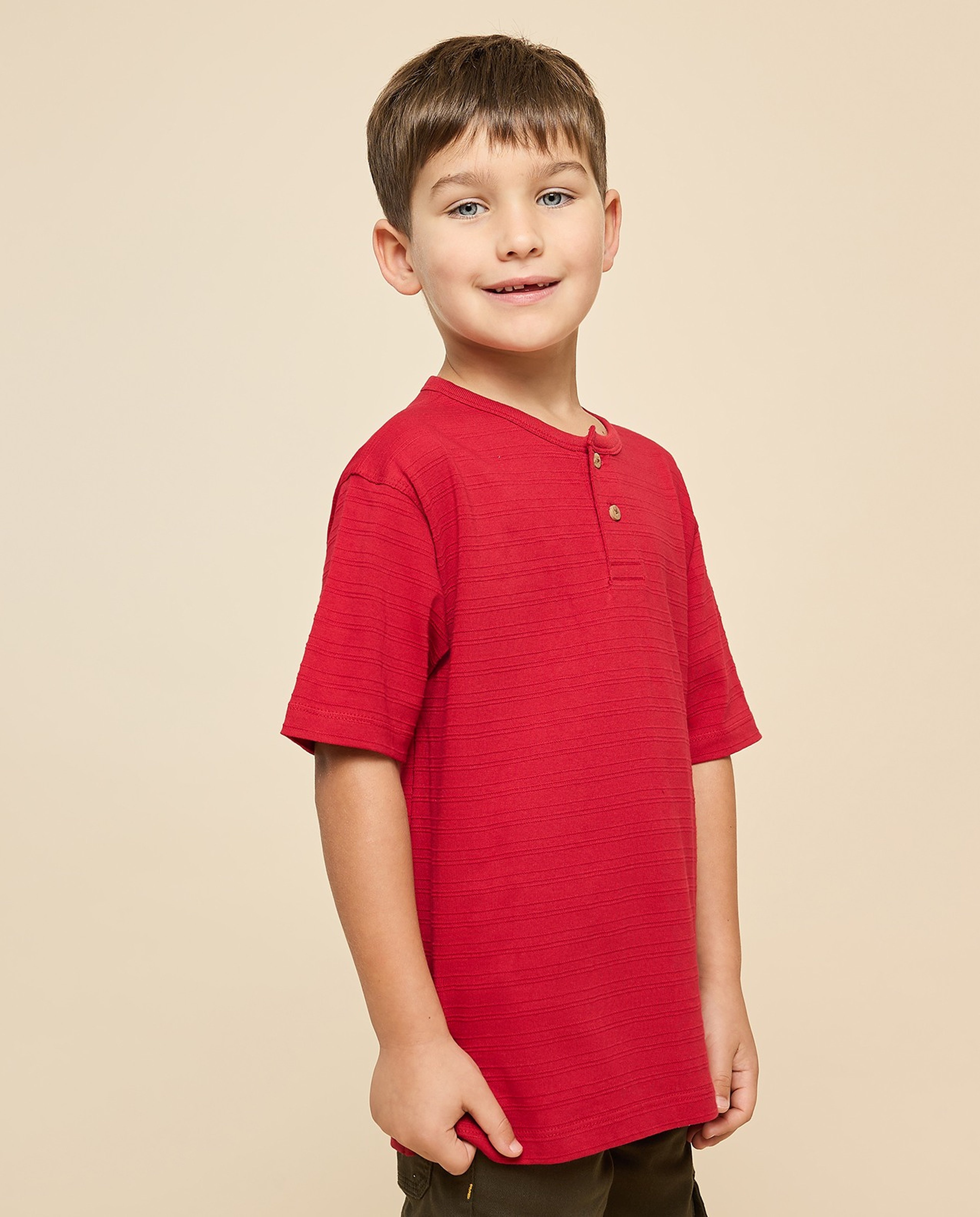 Textured T-Shirt with Henley Neck and Short Sleeves