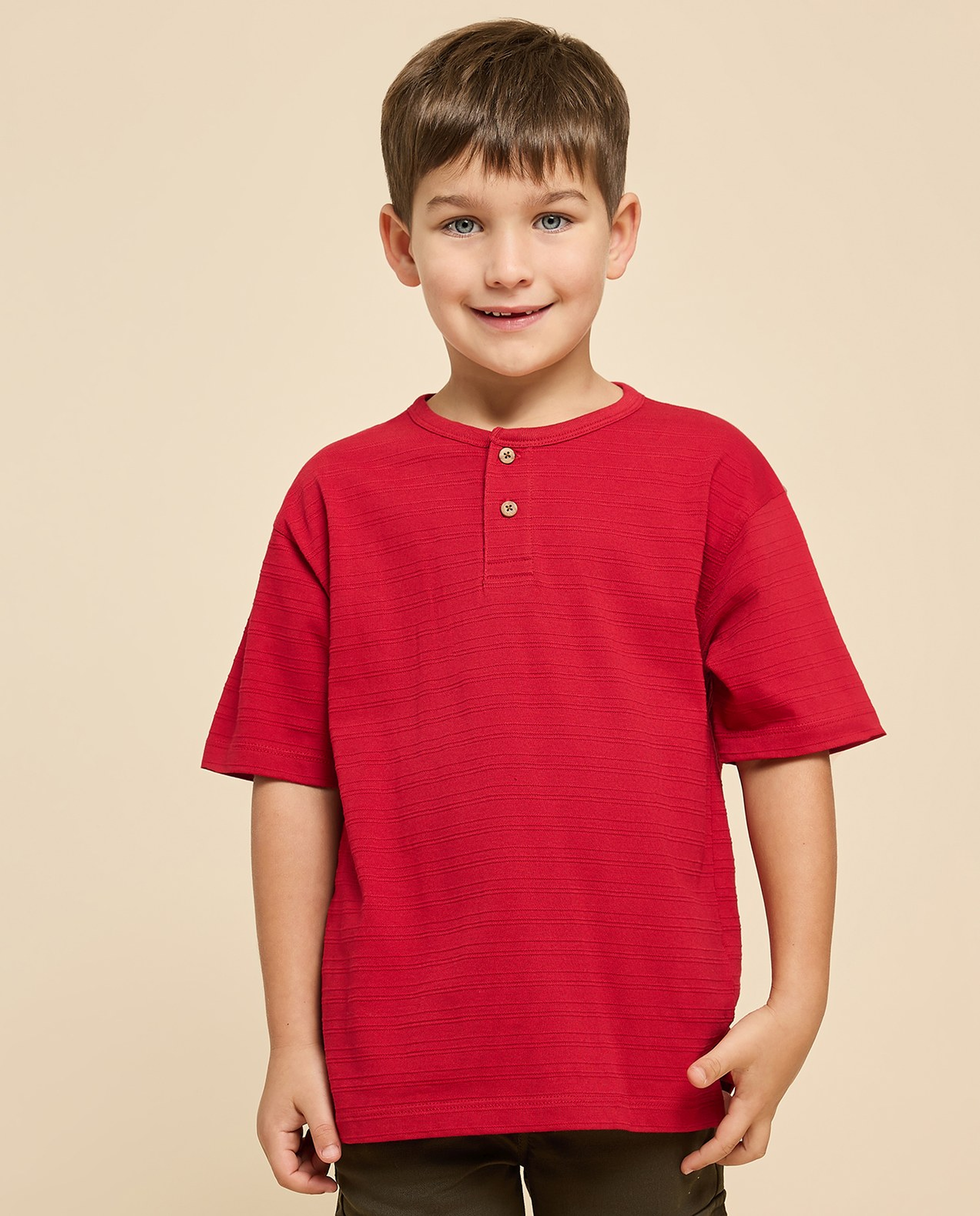 Textured T-Shirt with Henley Neck and Short Sleeves